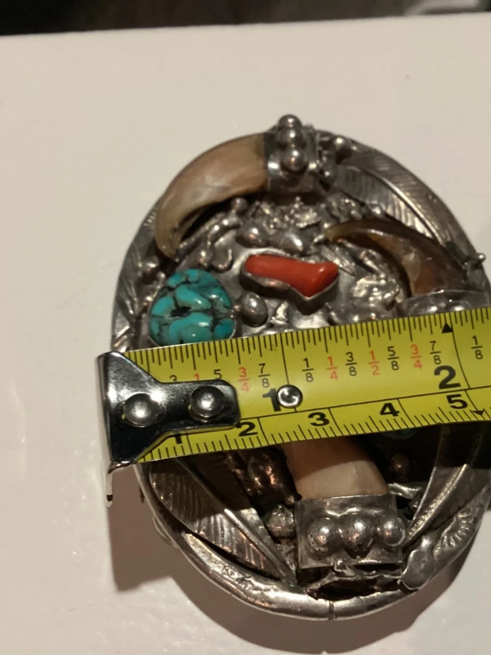BEAR Claw BELT BUCKLE. OLD PAWN ? CORAL TURQUOISE. SIGNED “SC”